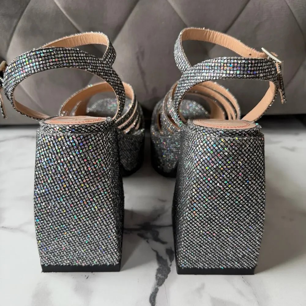 Nodaleto Disco Silver Glitter Platform Heels Size EU 38
